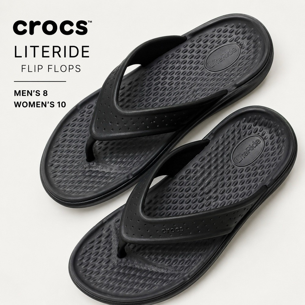 Crocs LiteRide Flip Flops M8 W10 Black Thong Sandals Lightweight Pool Beach NWOB